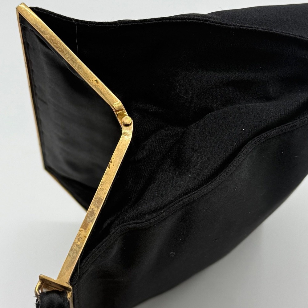 VTG Koret Black Satin Evening Bag Mother of Pearl Enamel Frame Gold Tone Clutch - Picture 11 of 12